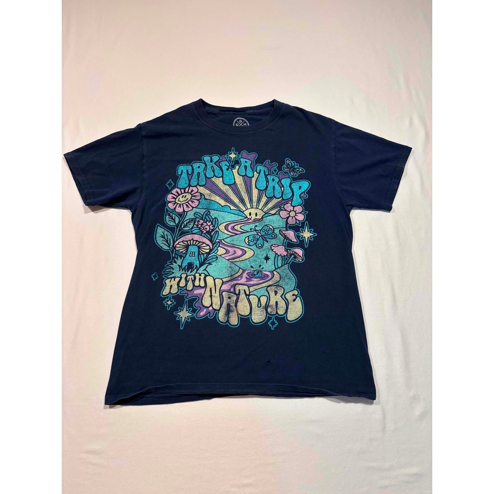DXM Take A Trip With Nature Graphic T-Shirt Navy Blue Small Psychedelic Mushroom